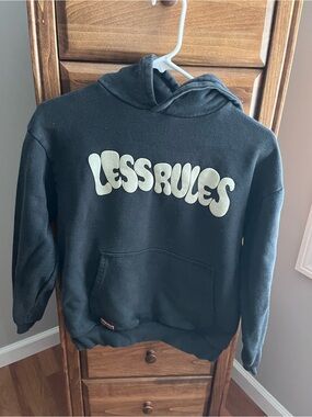 Zara Black Hoodie with Cream "Less Rules" Graphic